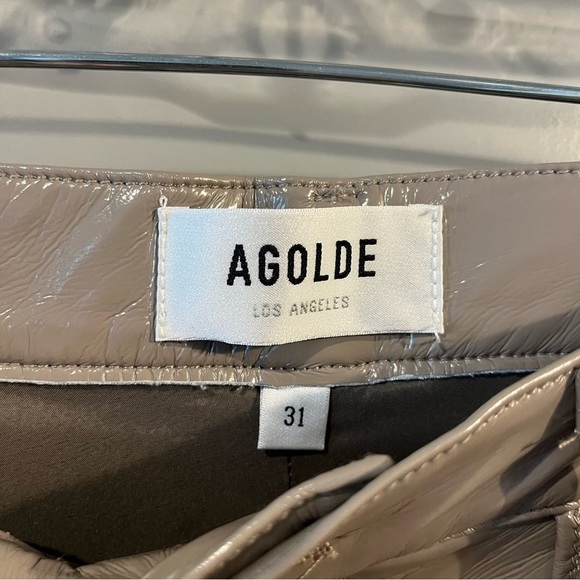 NWT Agolde Sz 31 Recycled Leather 90's Pinch Waist Pants Quail Beige Patent $378 - Picture 5 of 7